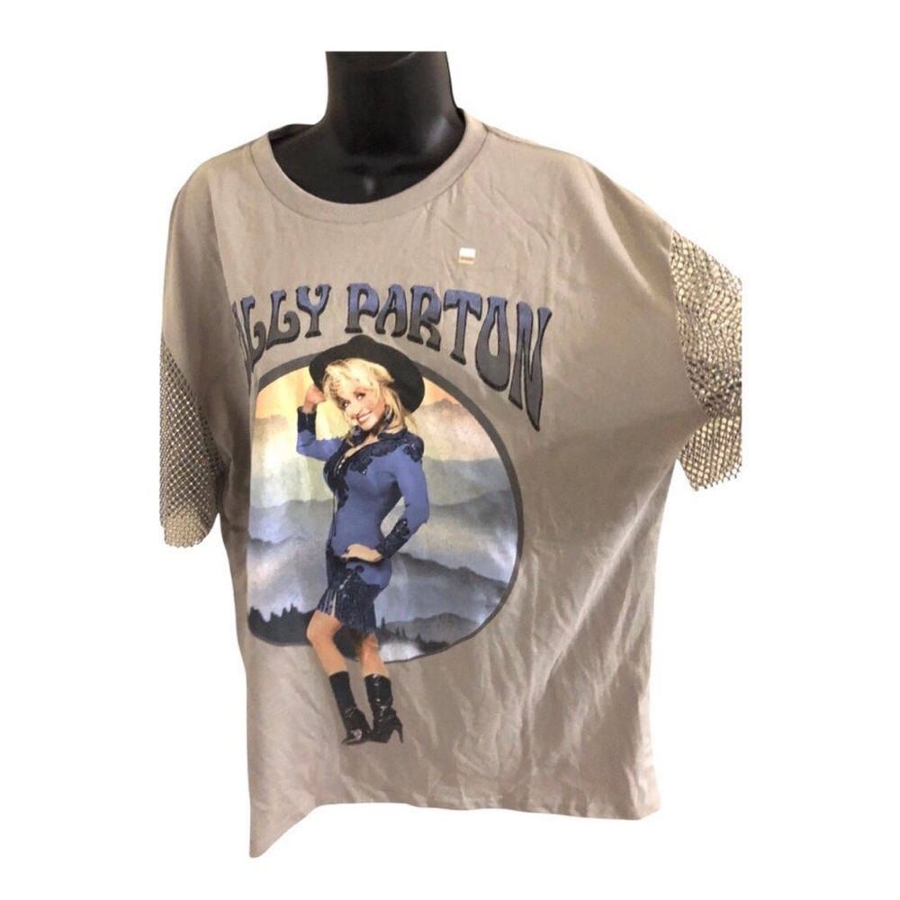 Gray‎ Dolly Parton rhinestone crystal studded mesh net sleeve tshirt size medium